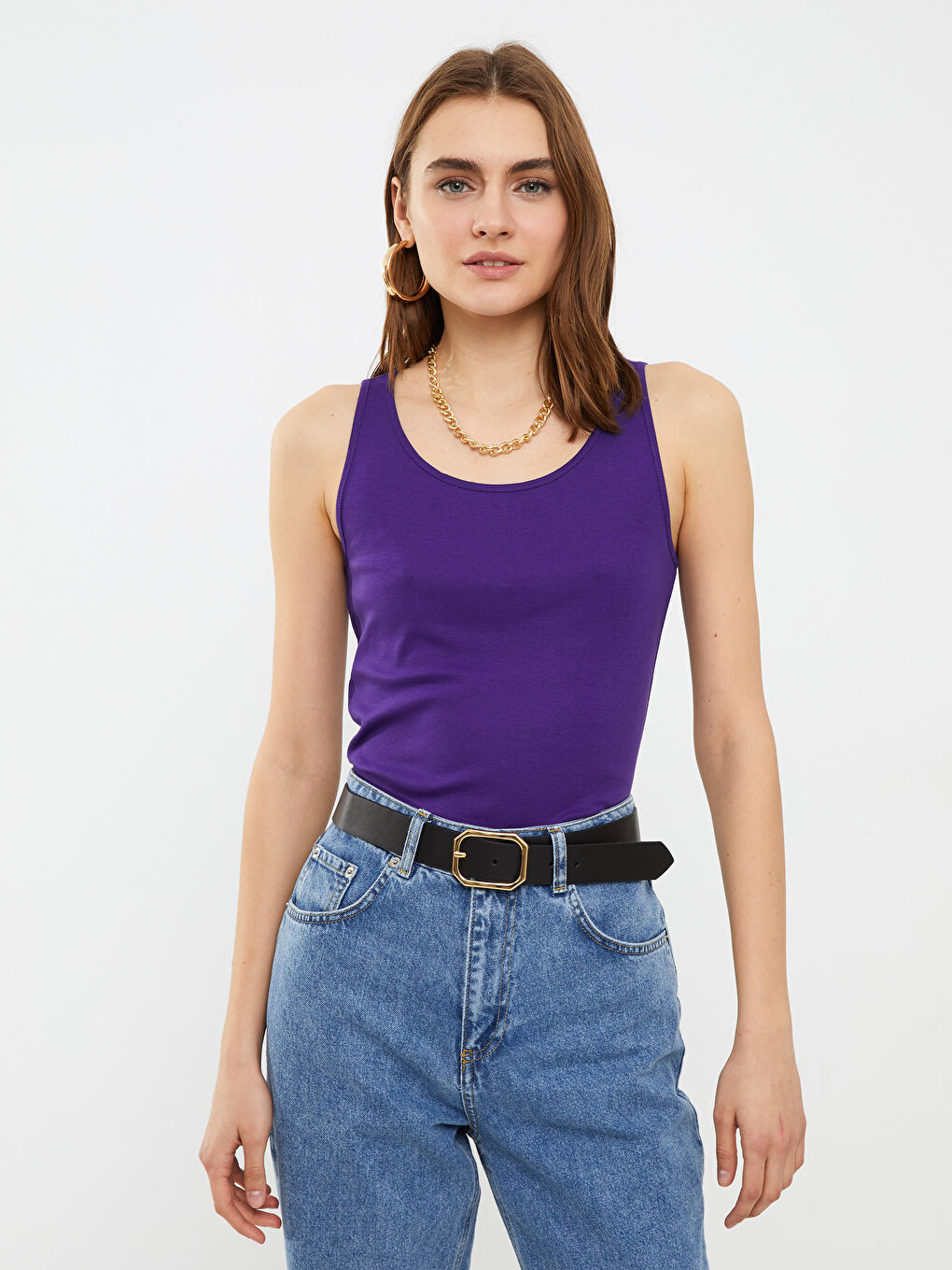 Mor U Yaka Düz Pamuklu Kadın Atlet-2