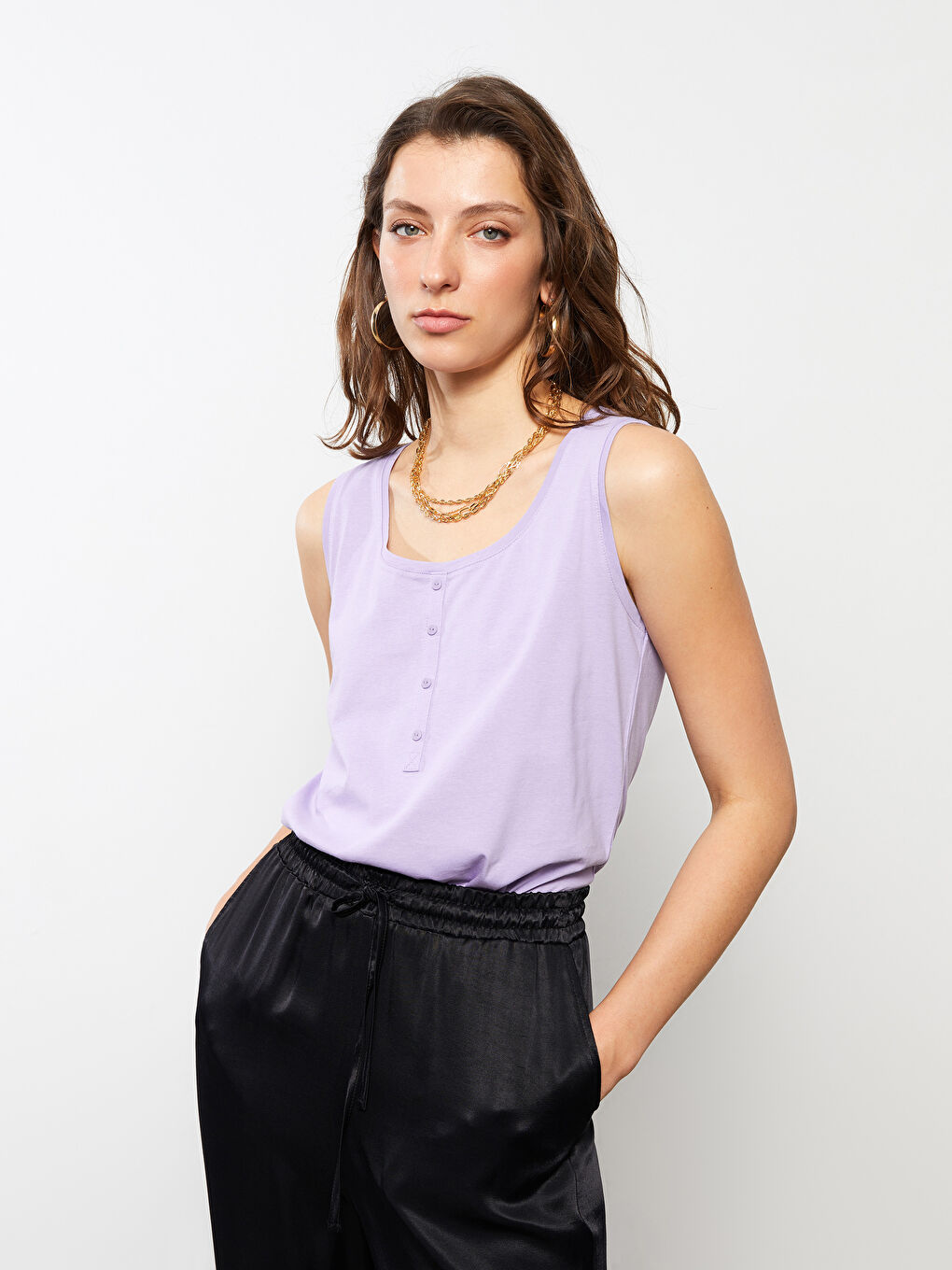 Lila U Yaka Düz Pamuklu Kadın Atlet-2