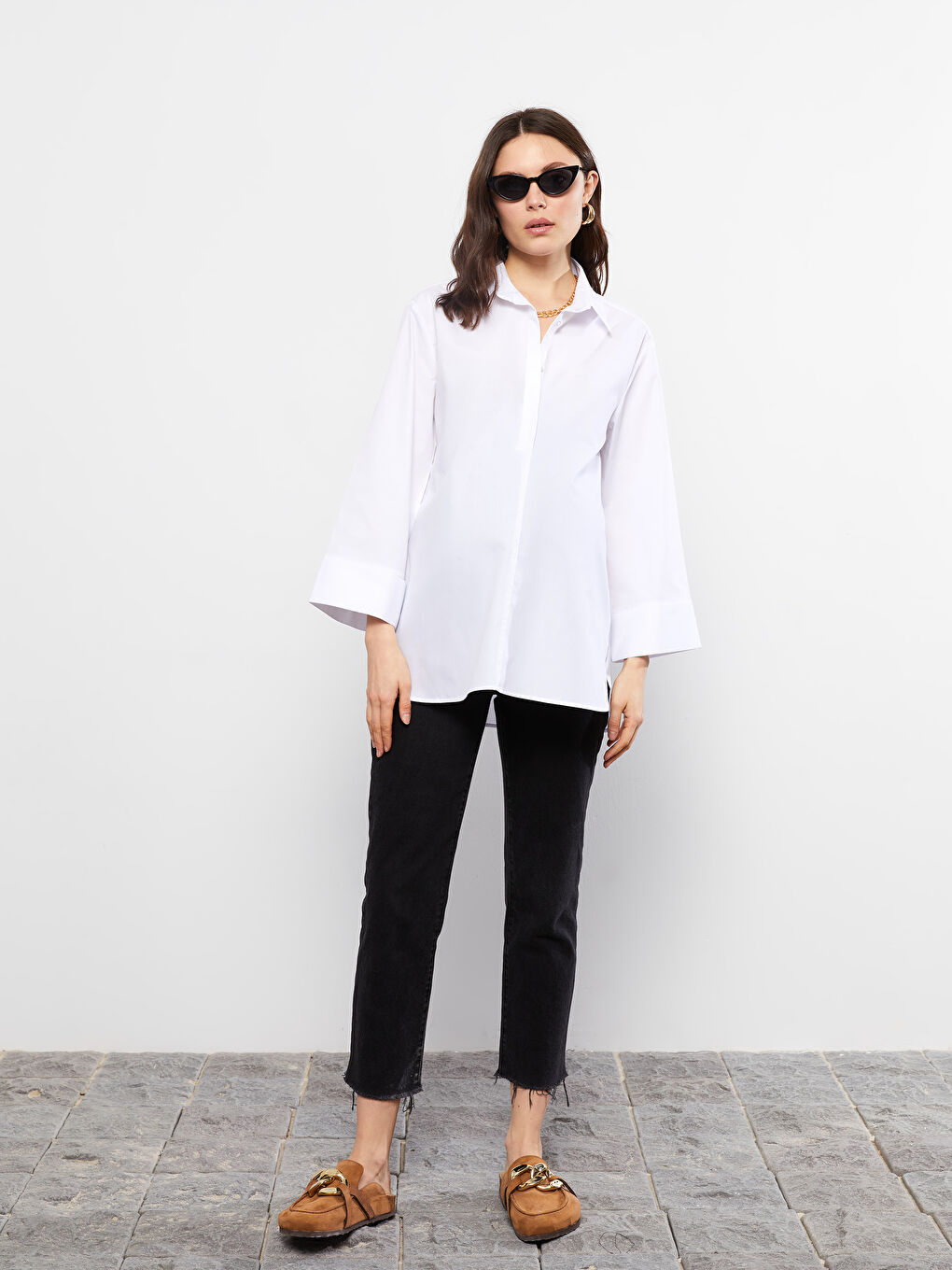 Beyaz Önden Düğme Kapamalı Düz Uzun Kollu Poplin Hamile Gömlek