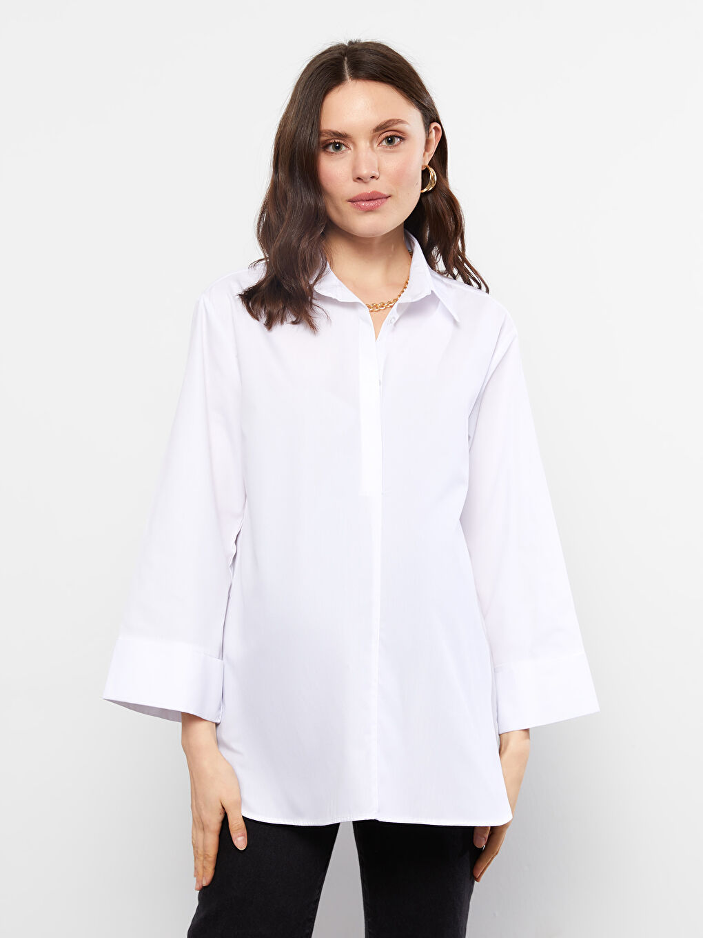 Beyaz Önden Düğme Kapamalı Düz Uzun Kollu Poplin Hamile Gömlek-2