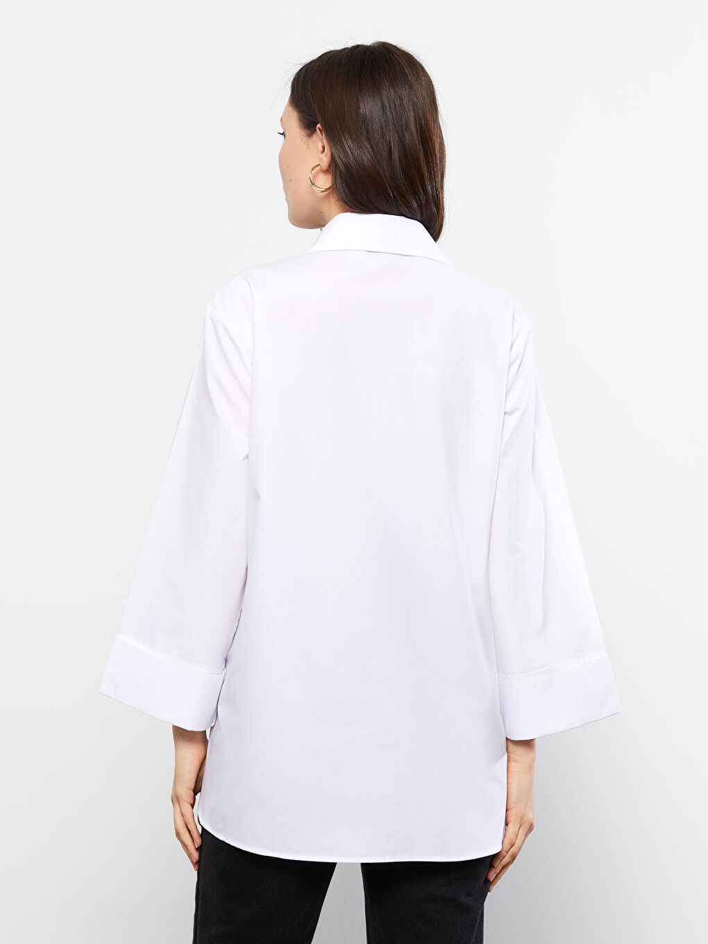 Beyaz Önden Düğme Kapamalı Düz Uzun Kollu Poplin Hamile Gömlek-4