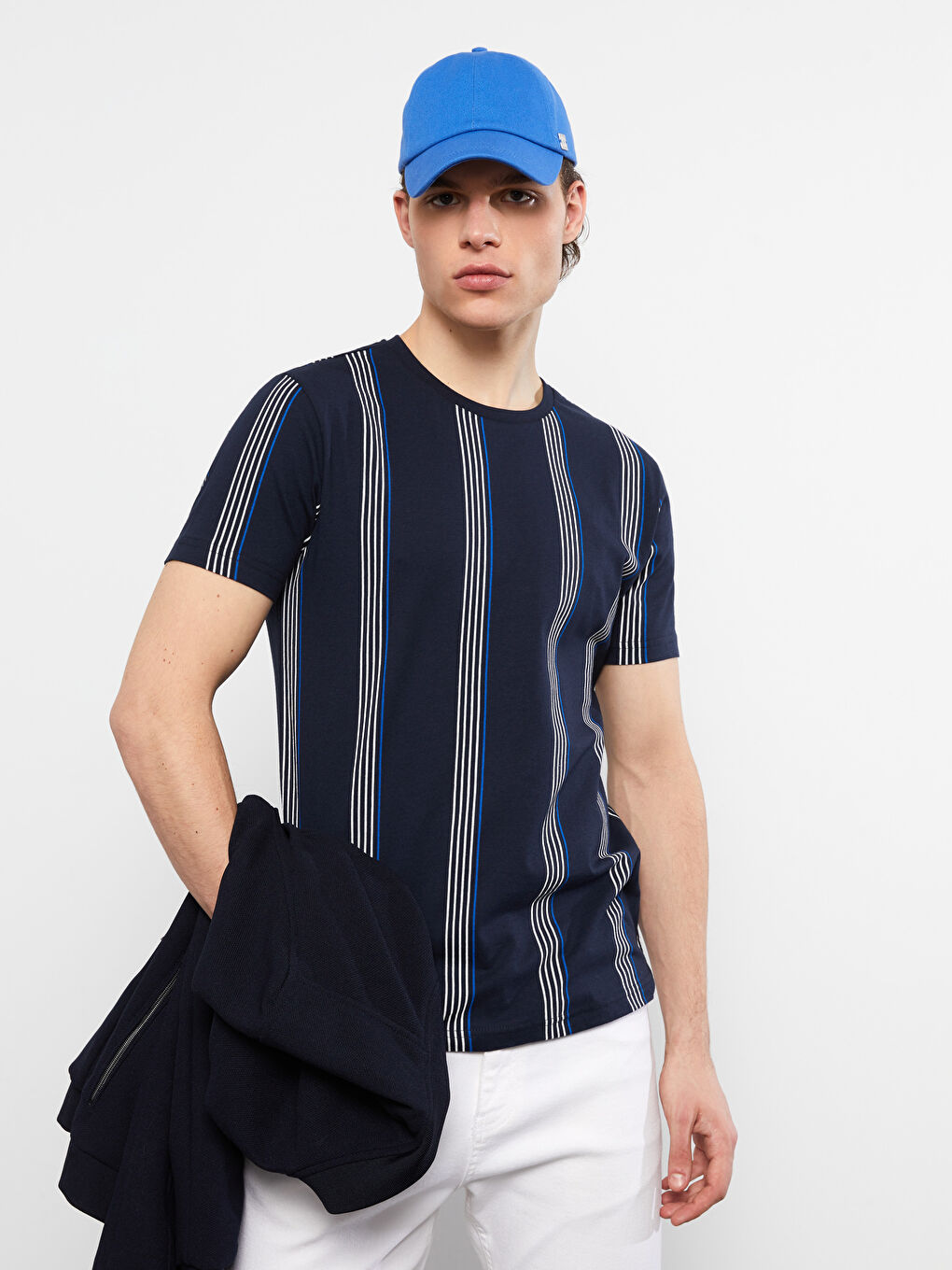 Lacivert Bisiklet Yaka Kısa Kollu Çizgili Penye Erkek Tişört-1