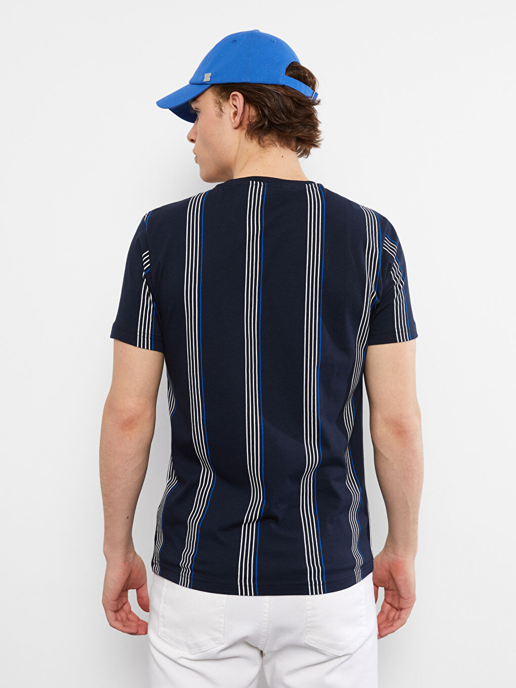 Lacivert Bisiklet Yaka Kısa Kollu Çizgili Penye Erkek Tişört-4