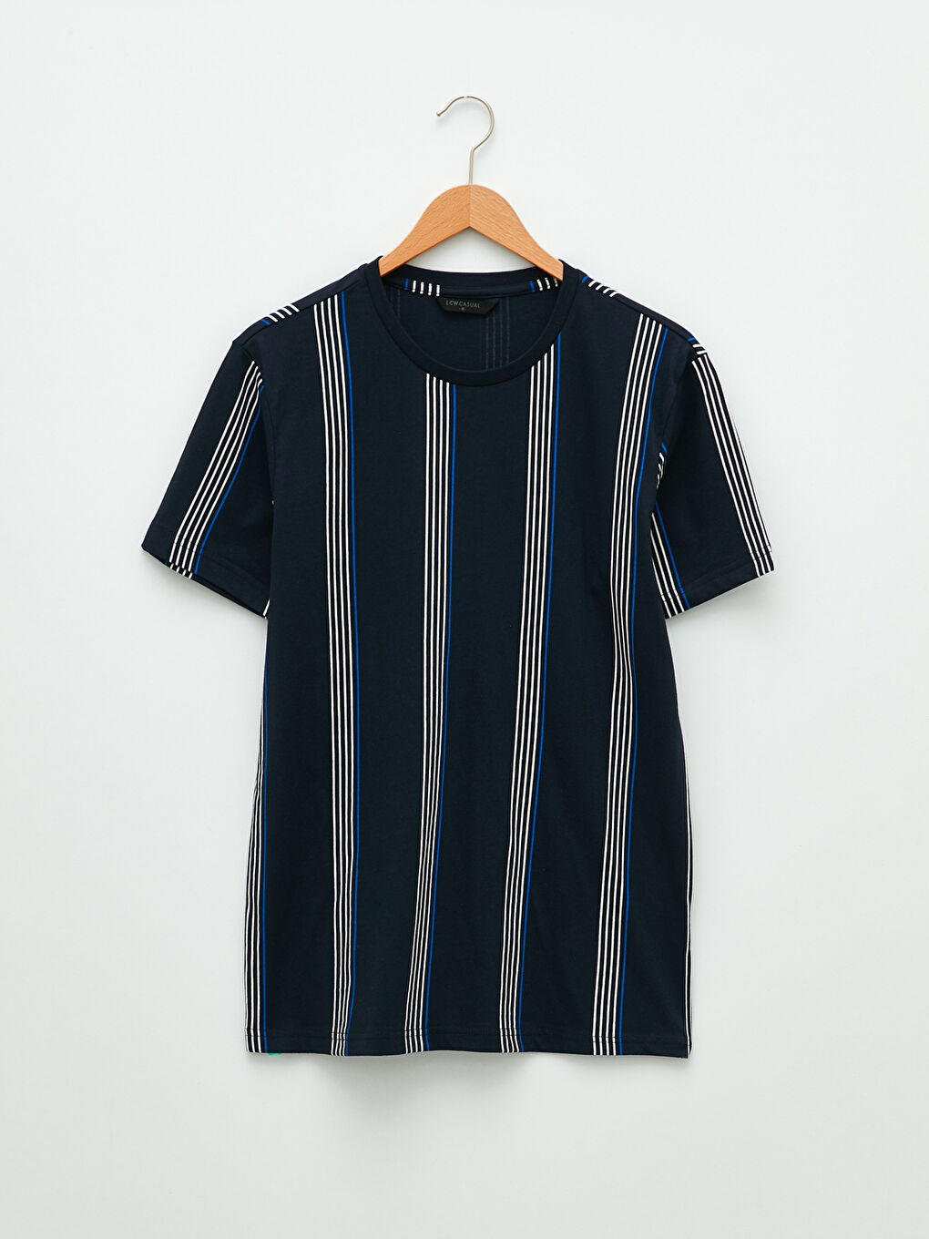 Lacivert Bisiklet Yaka Kısa Kollu Çizgili Penye Erkek Tişört-5