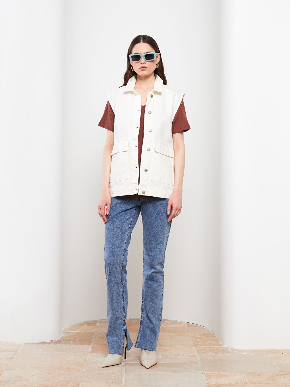 Beyaz Kadın Gömlek Yaka Düz Jean Yelek