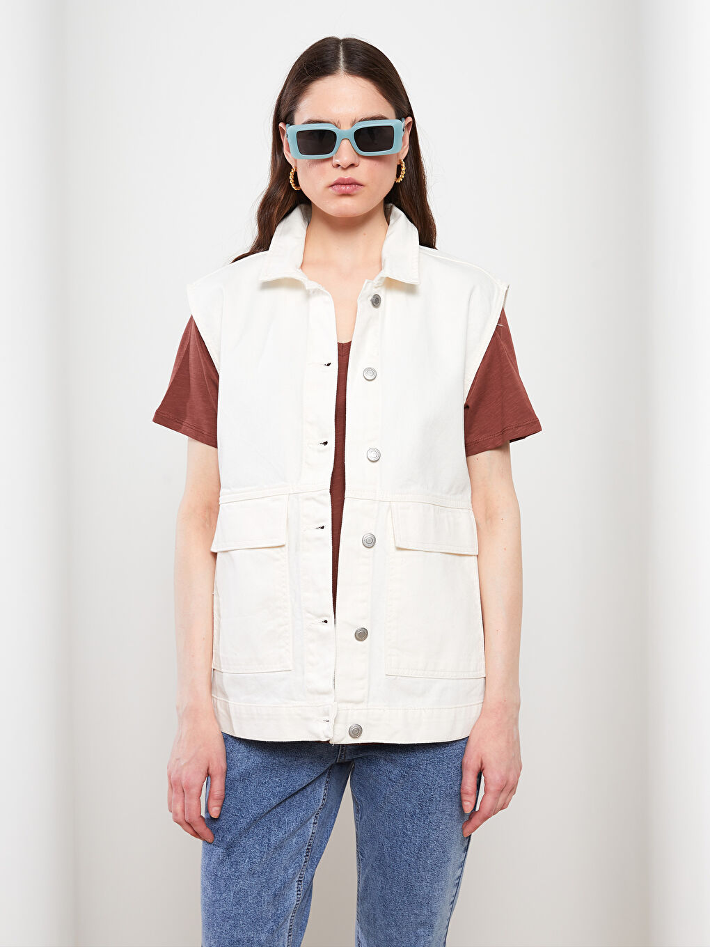 Beyaz Kadın Gömlek Yaka Düz Jean Yelek-1