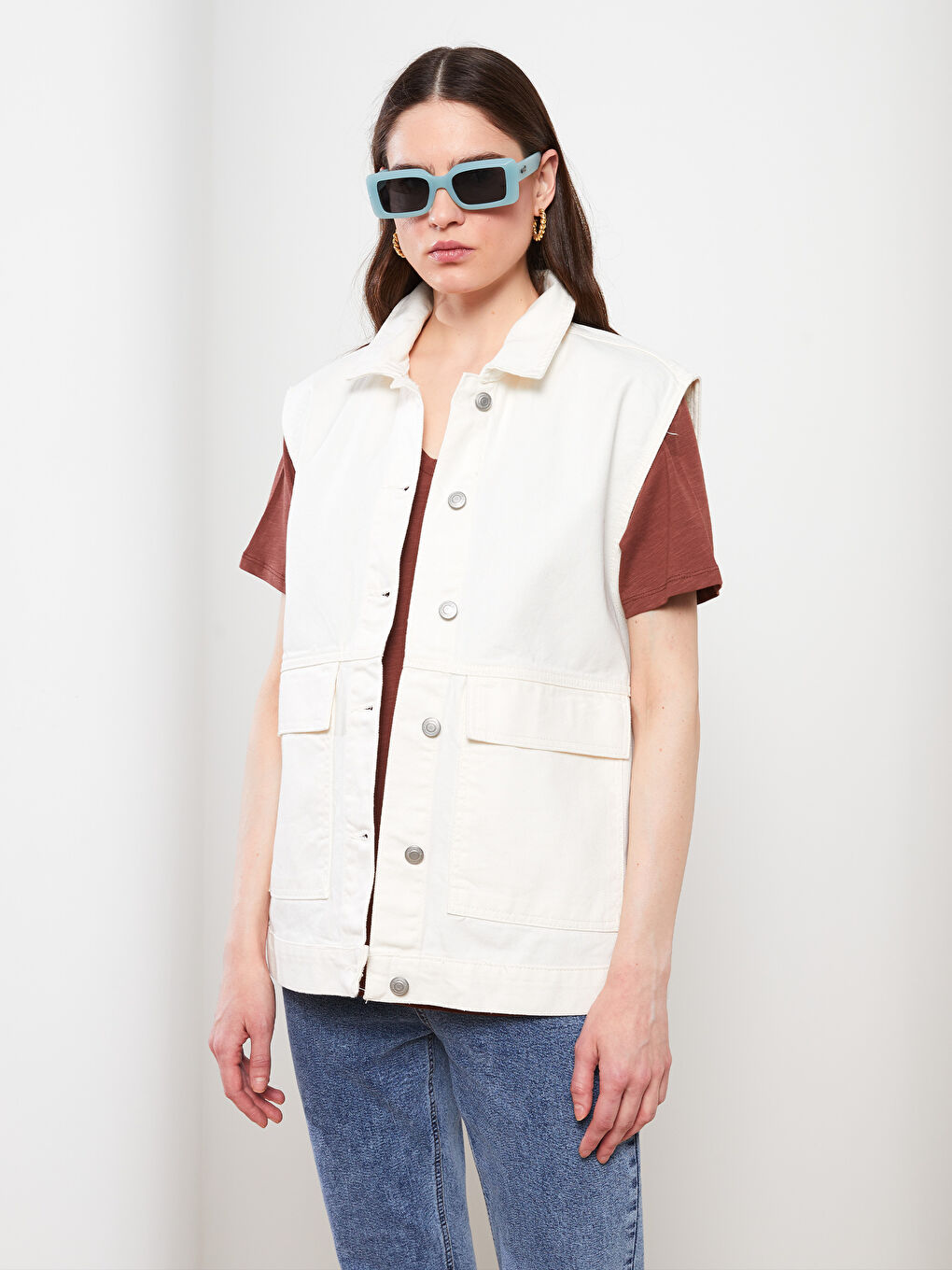 Beyaz Kadın Gömlek Yaka Düz Jean Yelek-2