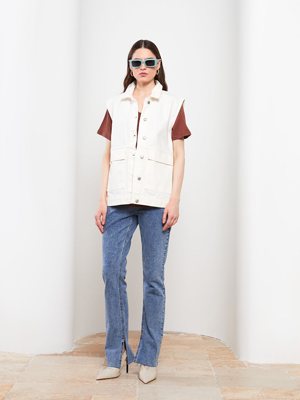 Beyaz Kadın Gömlek Yaka Düz Jean Yelek-3