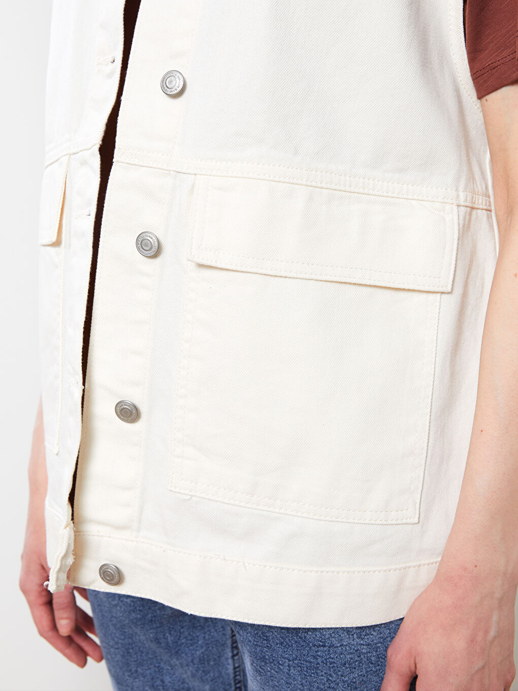 Beyaz Kadın Gömlek Yaka Düz Jean Yelek-4