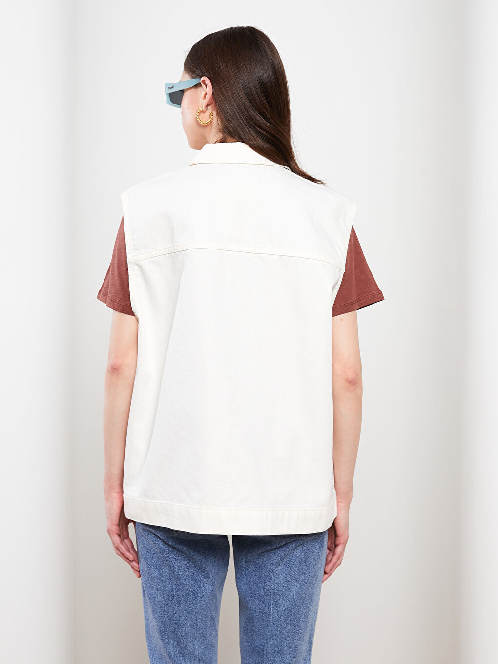 Beyaz Kadın Gömlek Yaka Düz Jean Yelek-5