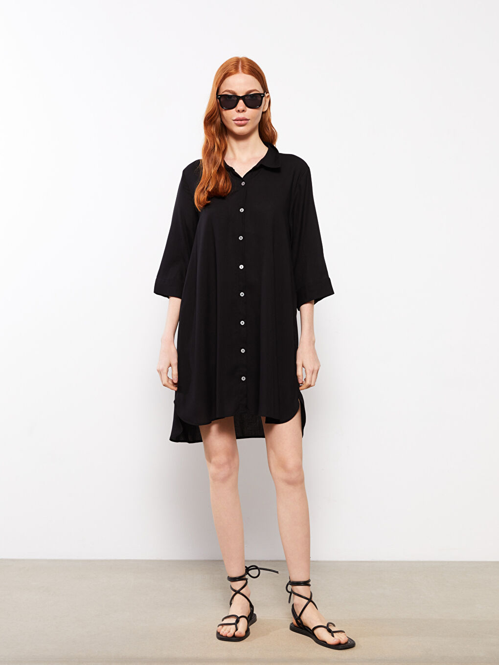 Siyah Gömlek Yaka Desenli Uzun Kollu Viskon Kadın Plaj Elbisesi