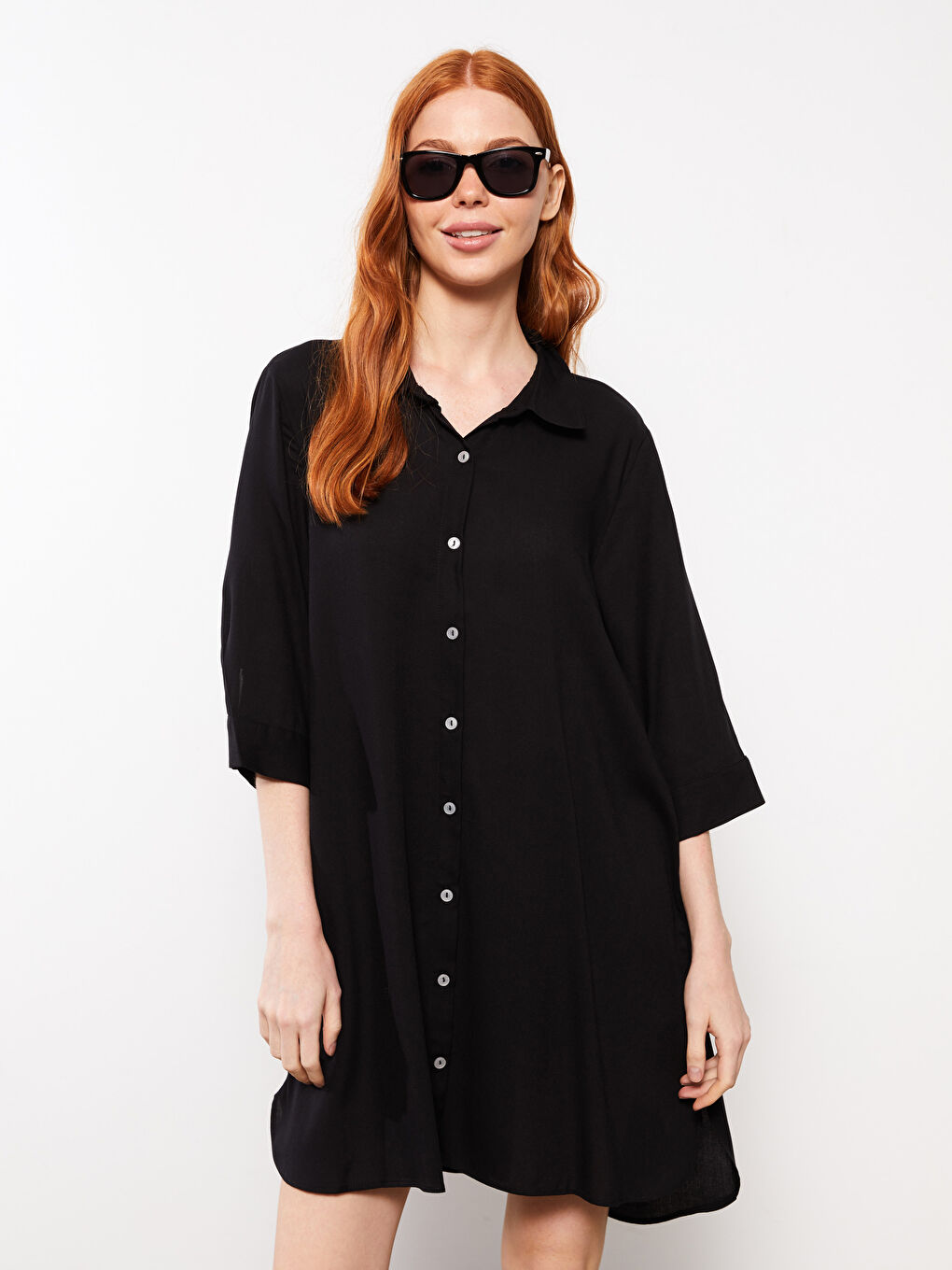 Siyah Gömlek Yaka Desenli Uzun Kollu Viskon Kadın Plaj Elbisesi-2