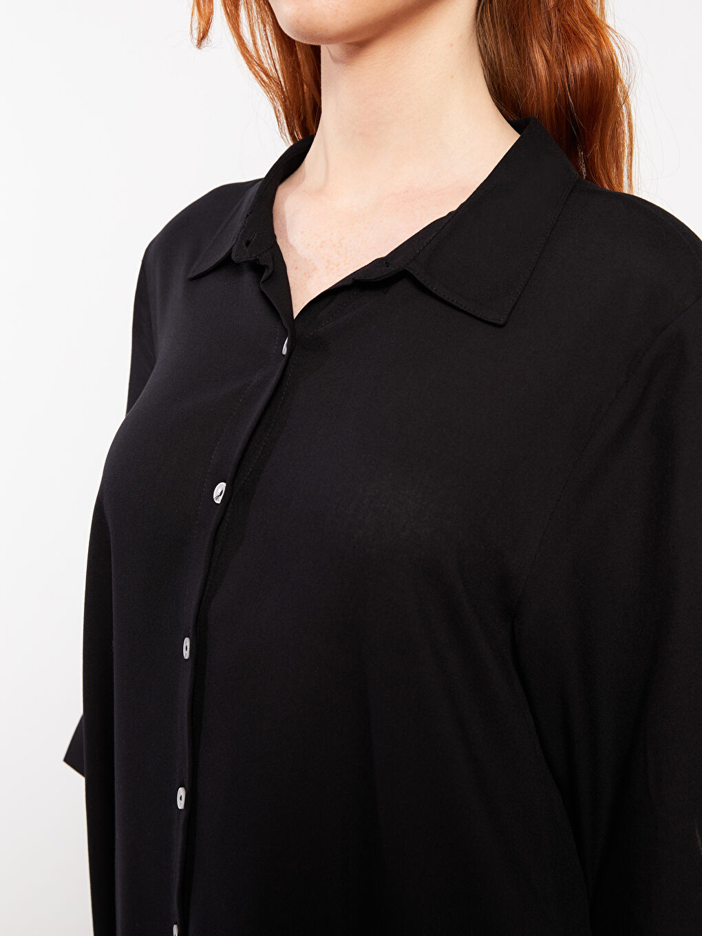 Siyah Gömlek Yaka Desenli Uzun Kollu Viskon Kadın Plaj Elbisesi-3