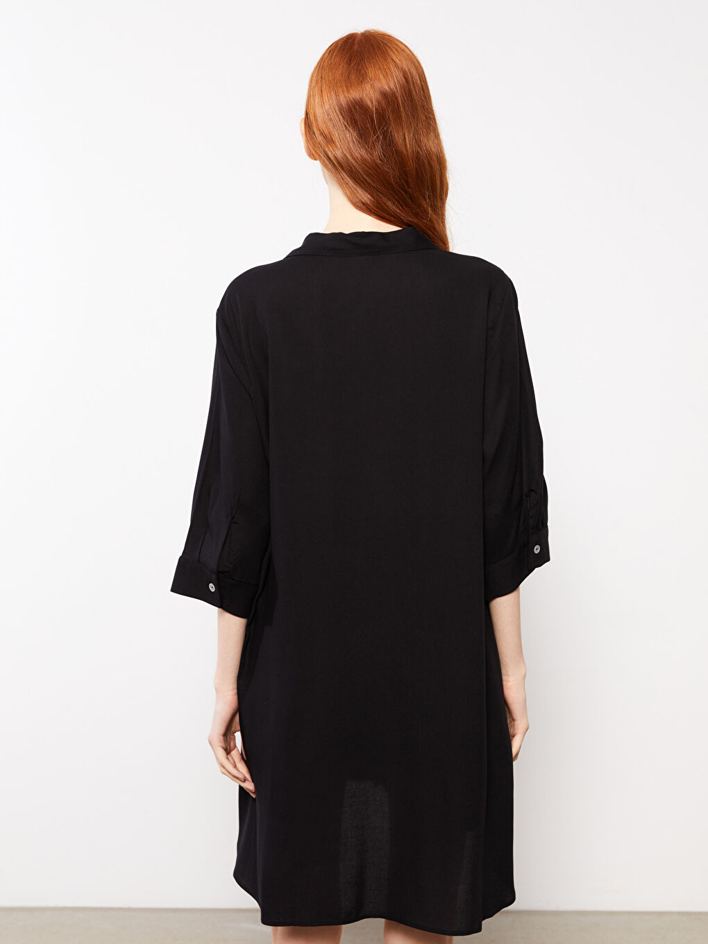 Siyah Gömlek Yaka Desenli Uzun Kollu Viskon Kadın Plaj Elbisesi-4