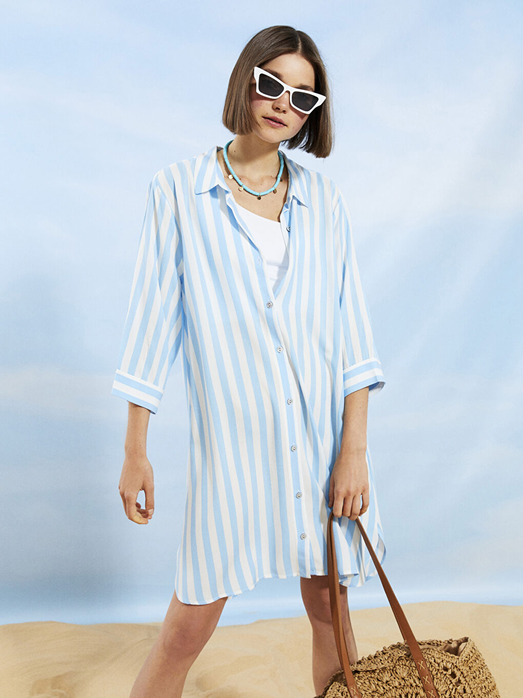 Mavi Gömlek Yaka Çizgili Uzun Kollu Viskon Kadın Plaj Elbisesi-1