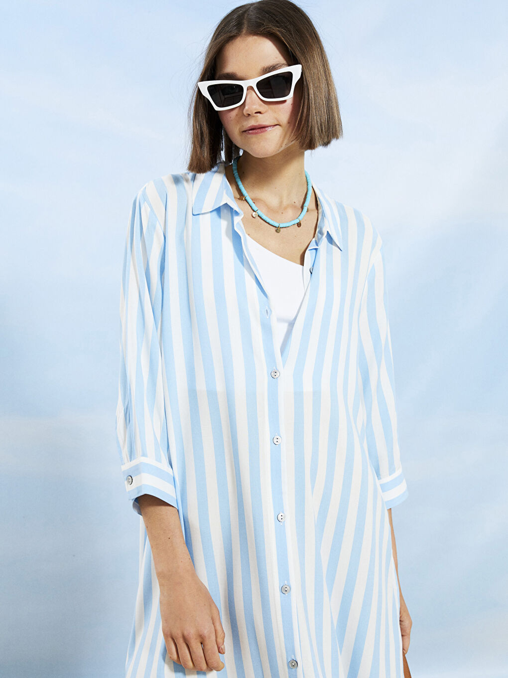 Mavi Gömlek Yaka Çizgili Uzun Kollu Viskon Kadın Plaj Elbisesi-2