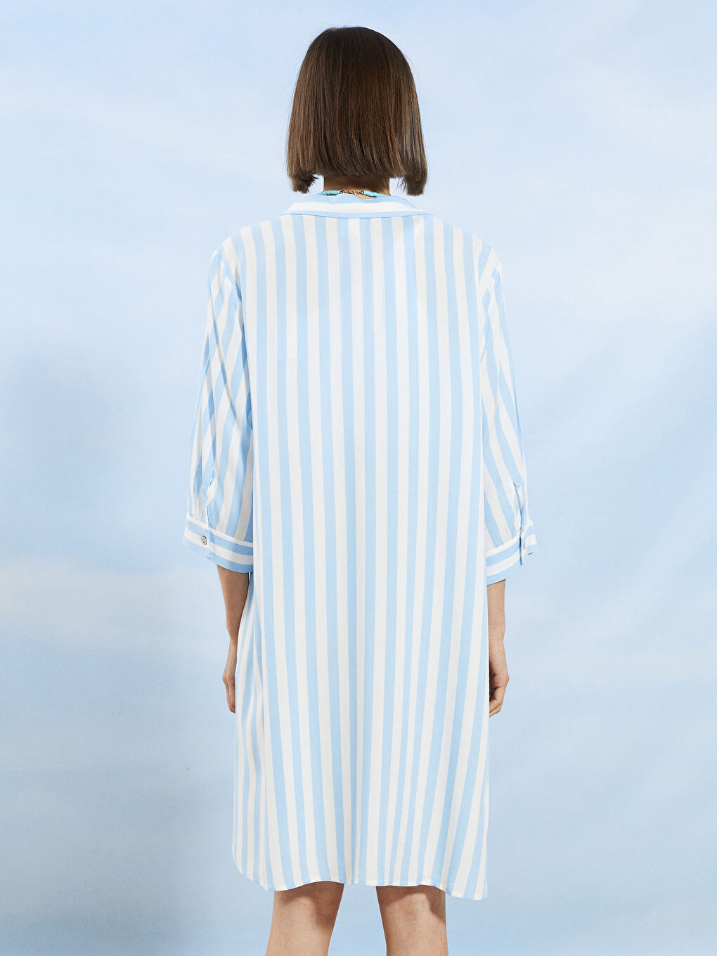 Mavi Gömlek Yaka Çizgili Uzun Kollu Viskon Kadın Plaj Elbisesi-4