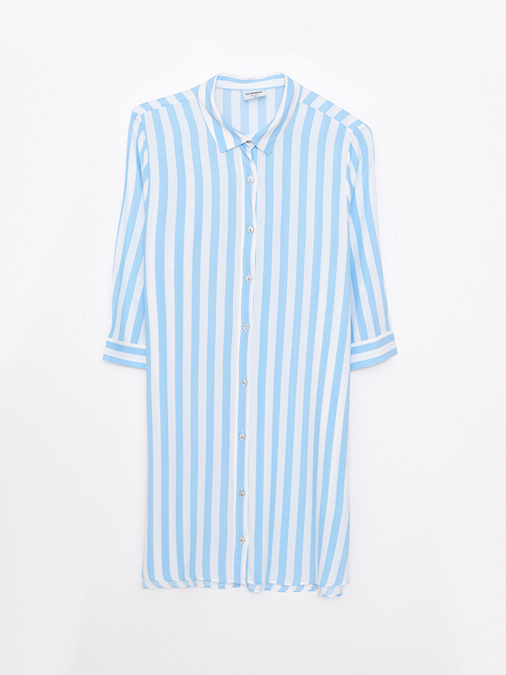 Mavi Gömlek Yaka Çizgili Uzun Kollu Viskon Kadın Plaj Elbisesi-5