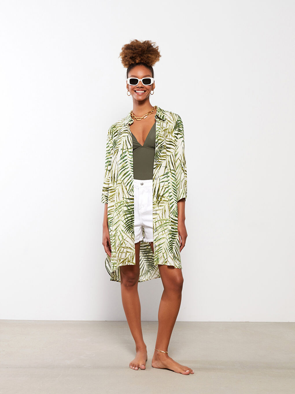 Yeşil Gömlek Yaka Desenli Uzun Kollu Viskon Kadın Plaj Elbisesi