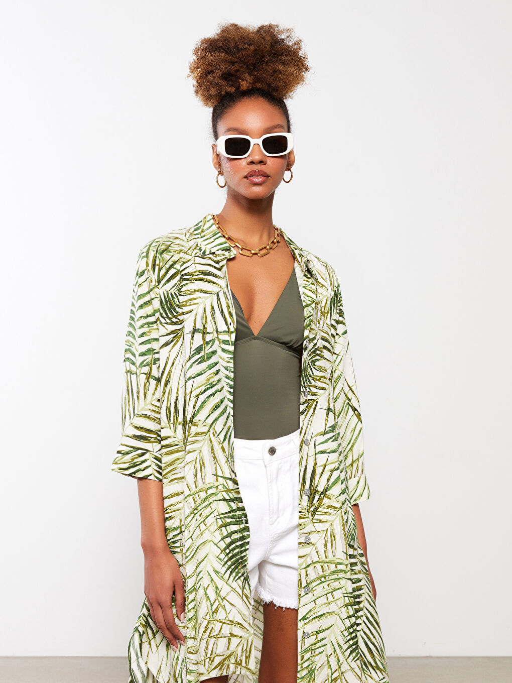 Yeşil Gömlek Yaka Desenli Uzun Kollu Viskon Kadın Plaj Elbisesi-2