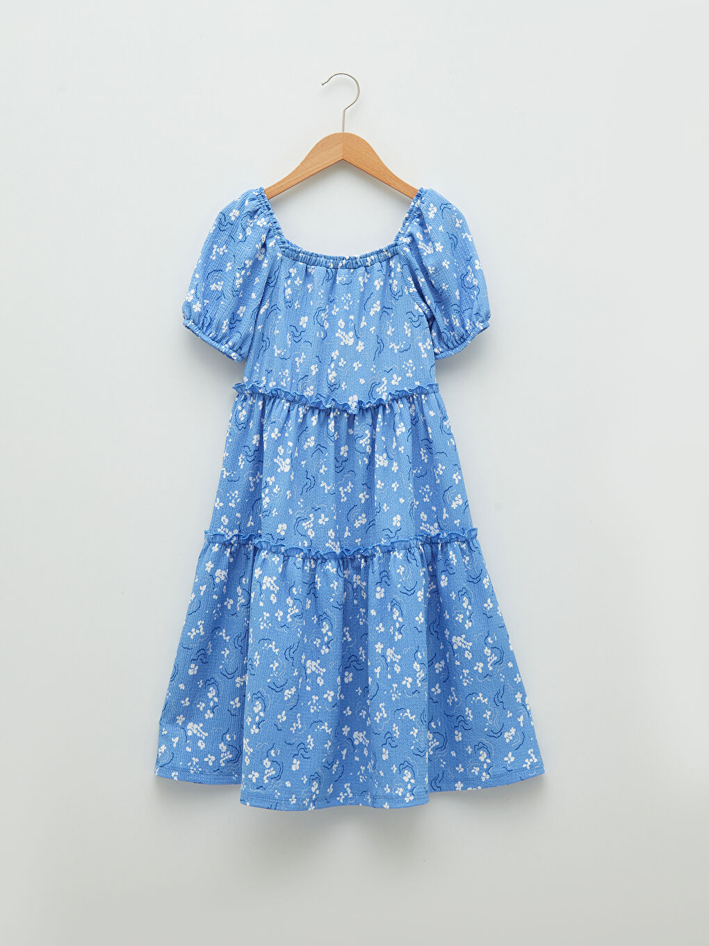 Square Neck Patterned Short Sleeve Girls' Dress