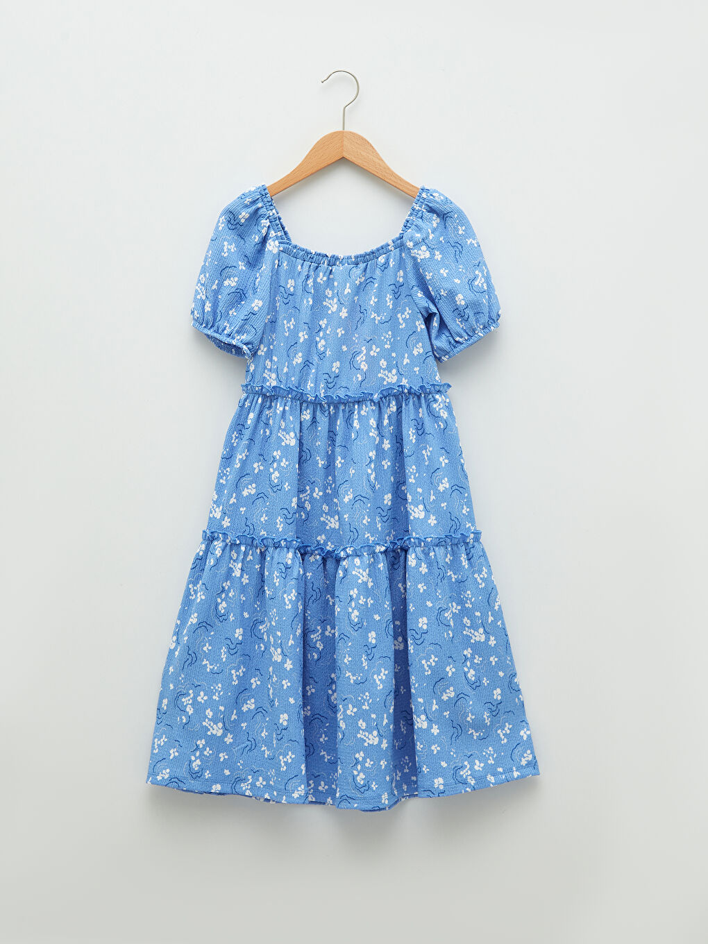 Square Neck Patterned Short Sleeve Girls' Dress-1