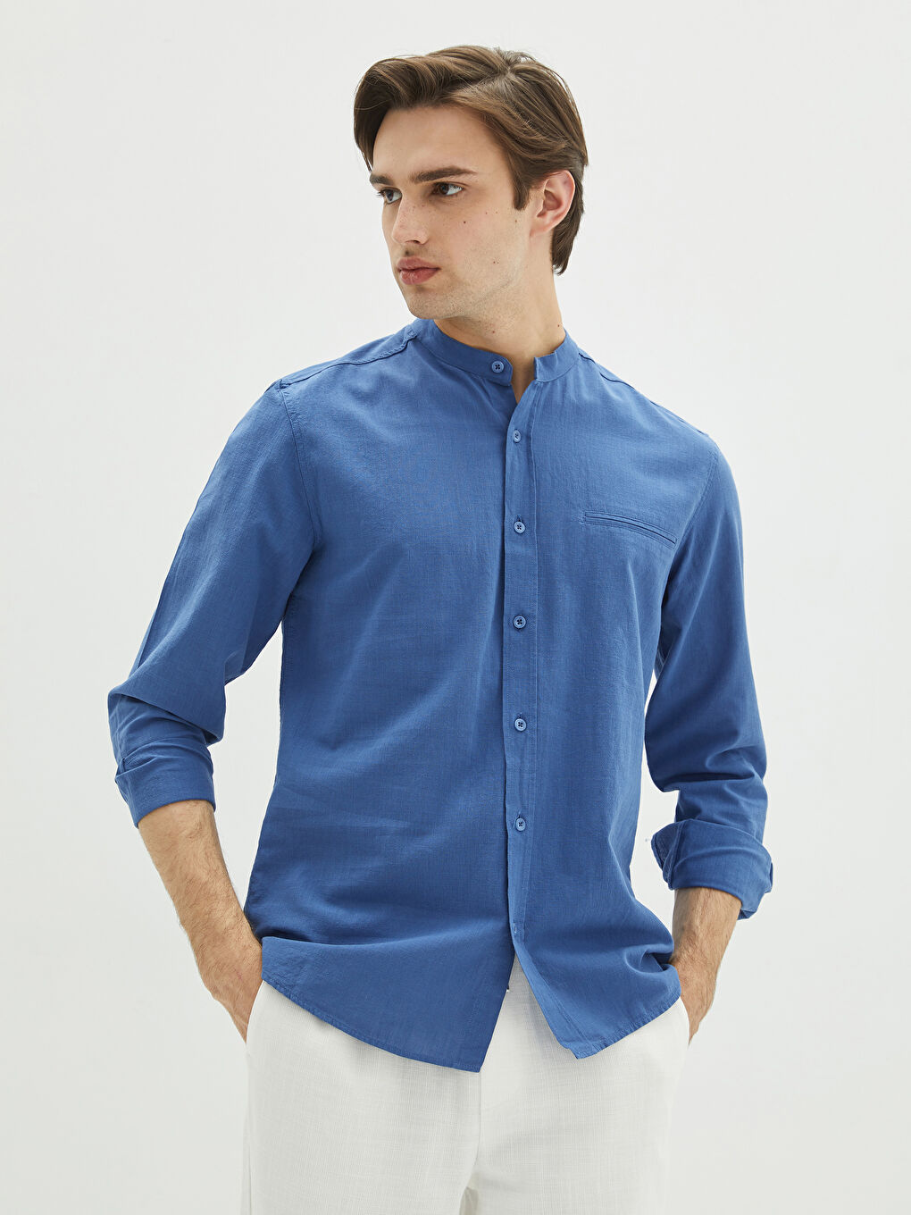 XSIDE Slim Fit Grandad Collar Long Sleeve Men's Shirt -S2FD48Z8-HRQ