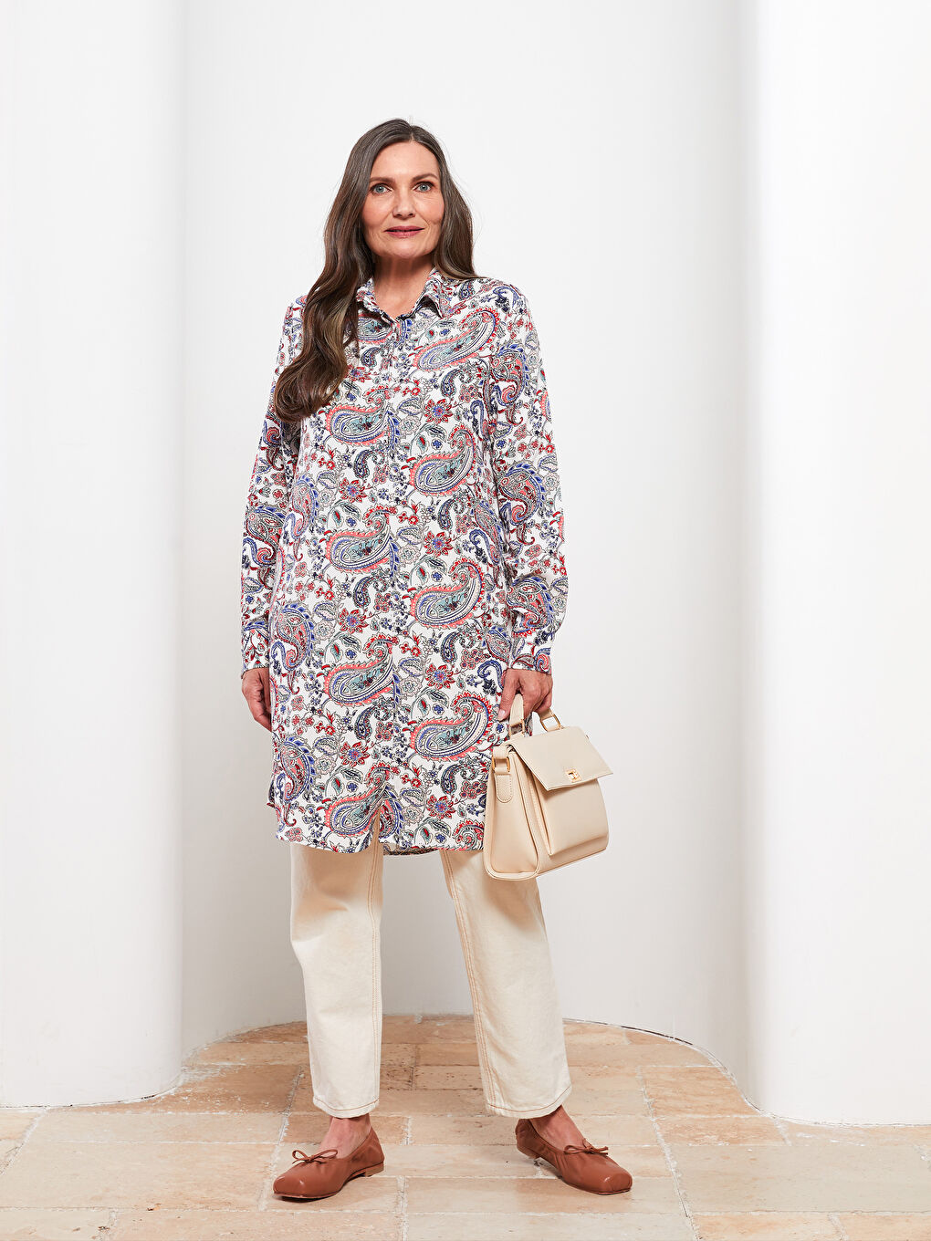 Bej Desenli Uzun Kollu Krinkle Kadın Gömlek Tunik