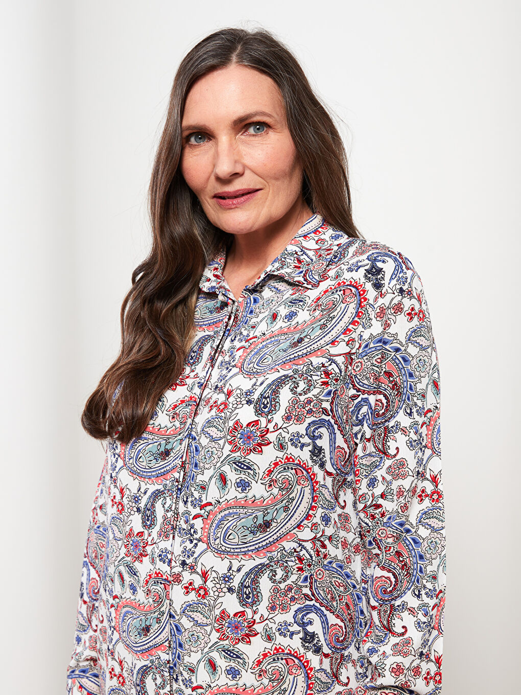 Bej Desenli Uzun Kollu Krinkle Kadın Gömlek Tunik-2