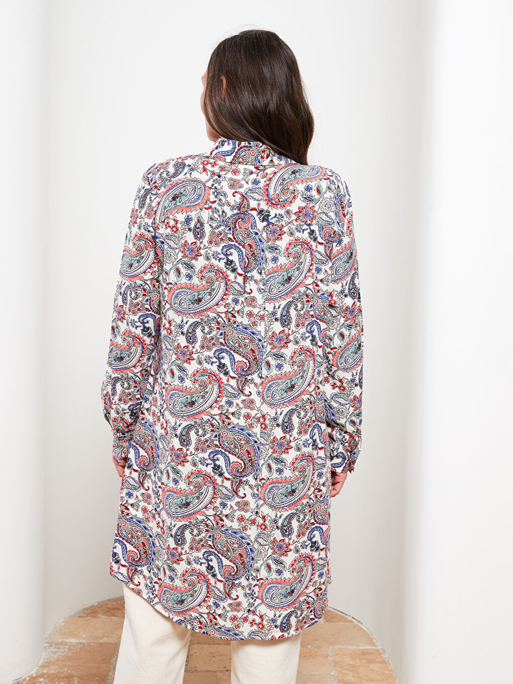 Bej Desenli Uzun Kollu Krinkle Kadın Gömlek Tunik-4