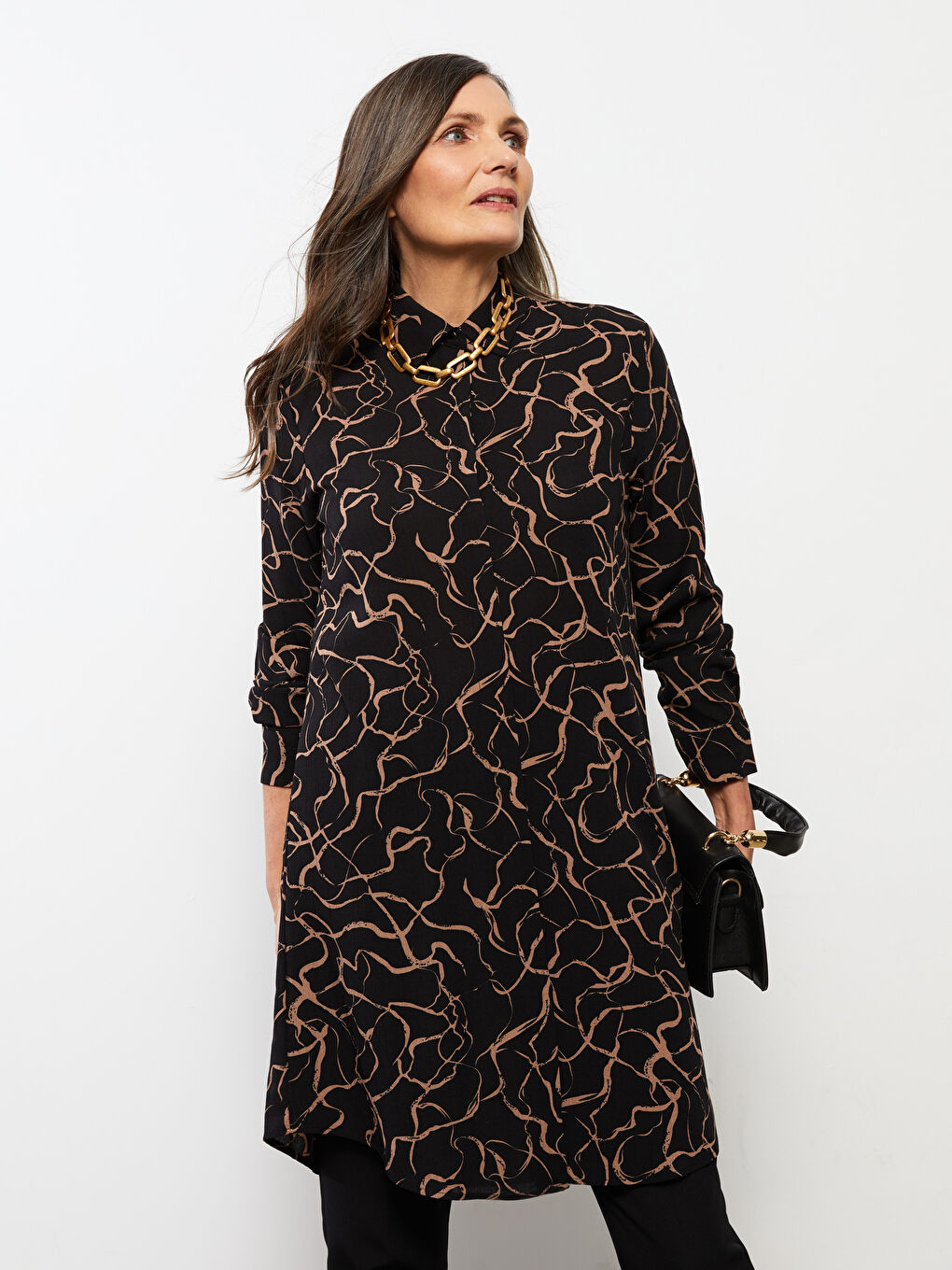 Tunique en chemise froissée imprimée à manches longues pour Femmes