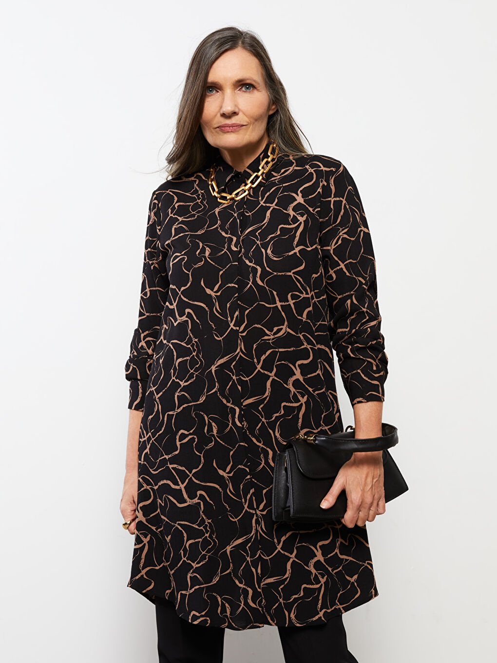 Tunique en chemise froissée imprimée à manches longues pour Femmes-1