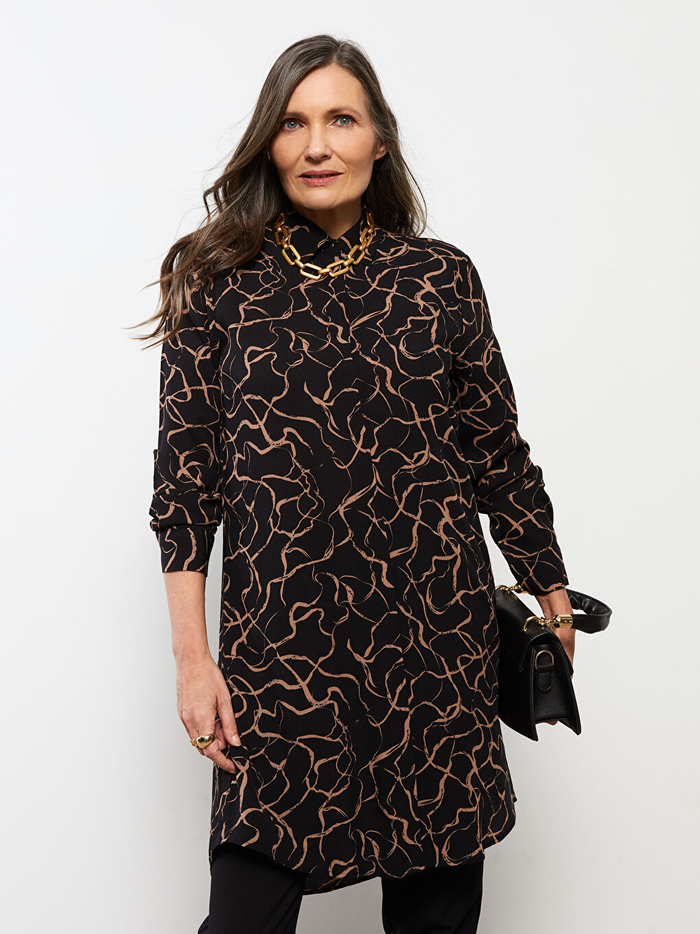 Tunique en chemise froissée imprimée à manches longues pour Femmes-2