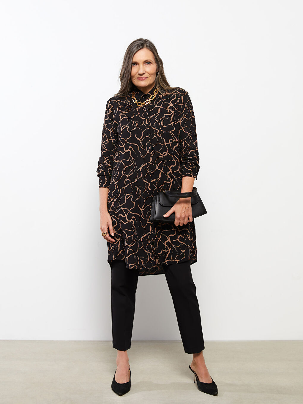 Tunique en chemise froissée imprimée à manches longues pour Femmes-3