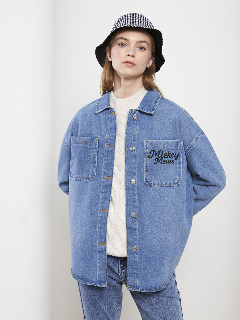 Shirt Collar Mickey Mouse Printed Long Sleeve Women's Rodeo Jean Jacket-1