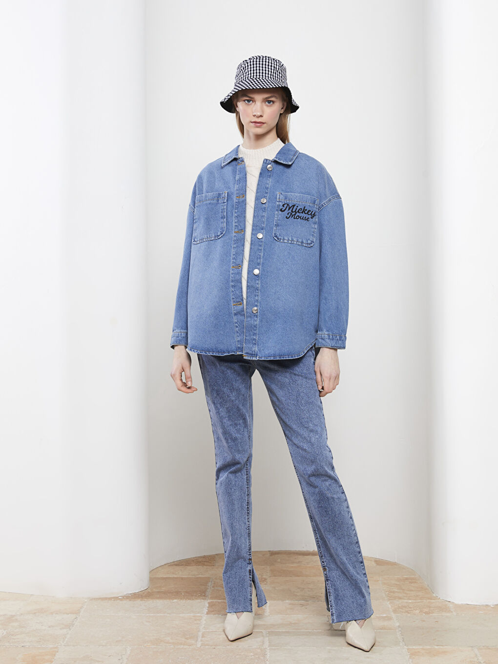 Shirt Collar Mickey Mouse Printed Long Sleeve Women's Rodeo Jean Jacket-2