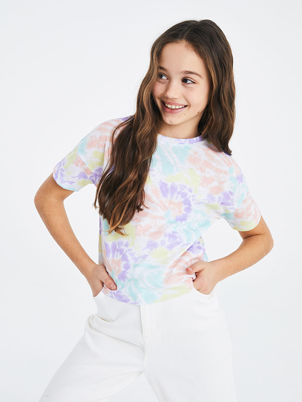 Crew Neck Tie-Dye Patterned Short Sleeve Girls' T-Shirt