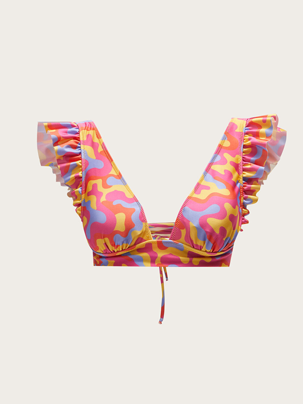 Pembe V Yaka Desenli Fırfır Detaylı Kadın Bikini Üst