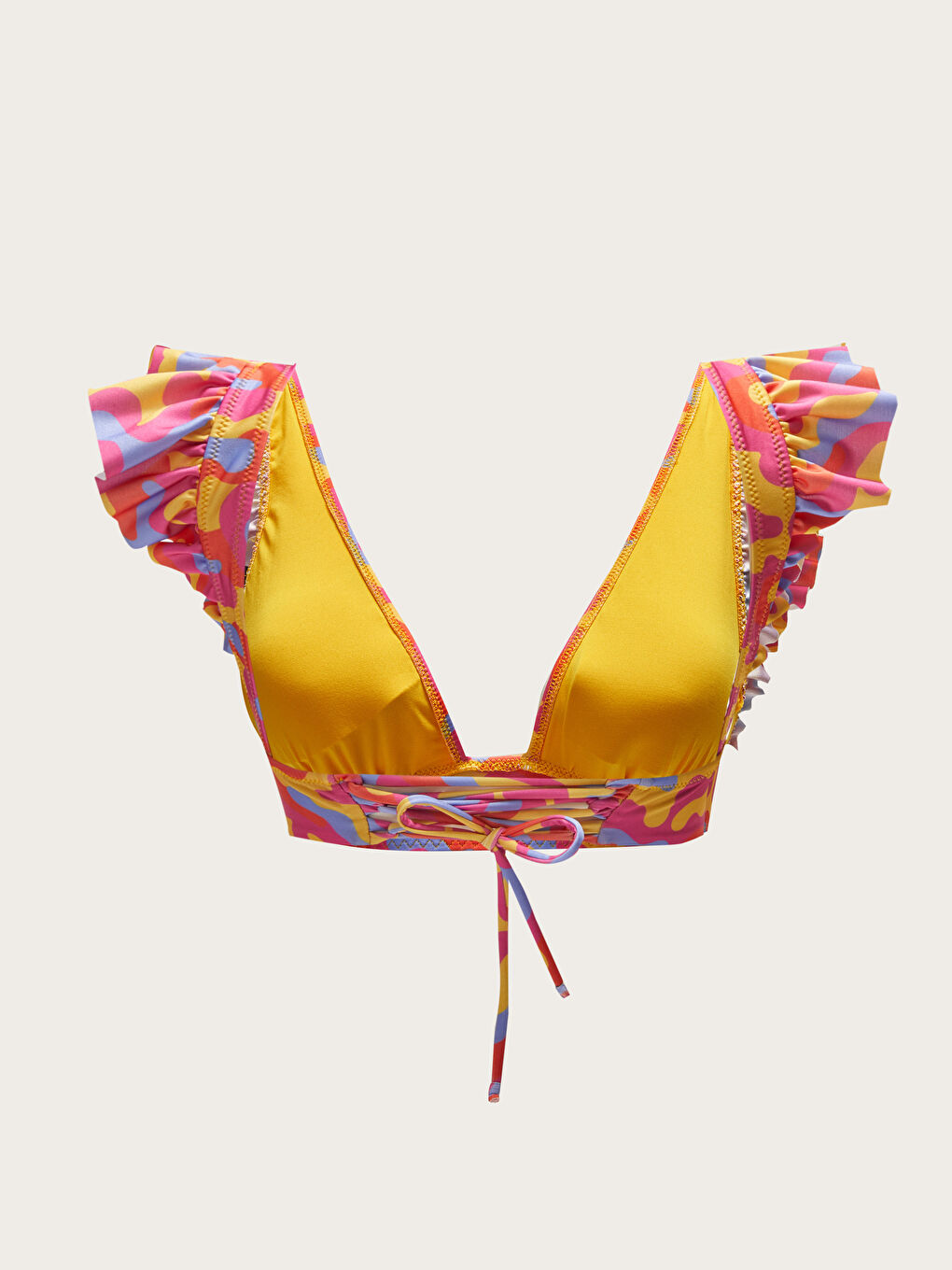 Pembe V Yaka Desenli Fırfır Detaylı Kadın Bikini Üst-1