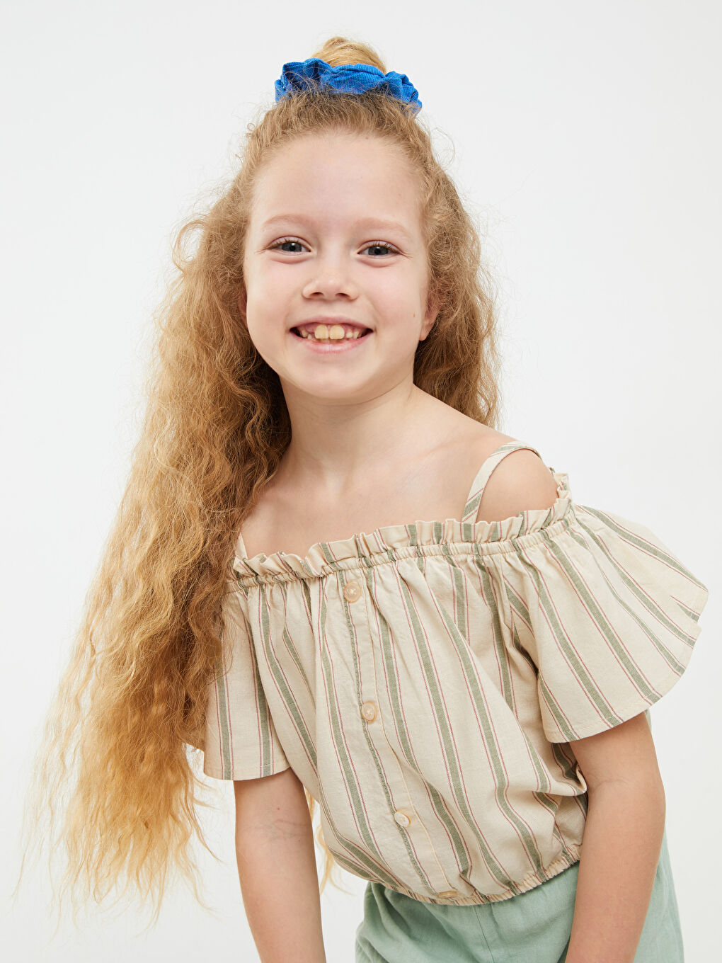 Boat Neck Striped Short Sleeve Cotton Girls' Blouse