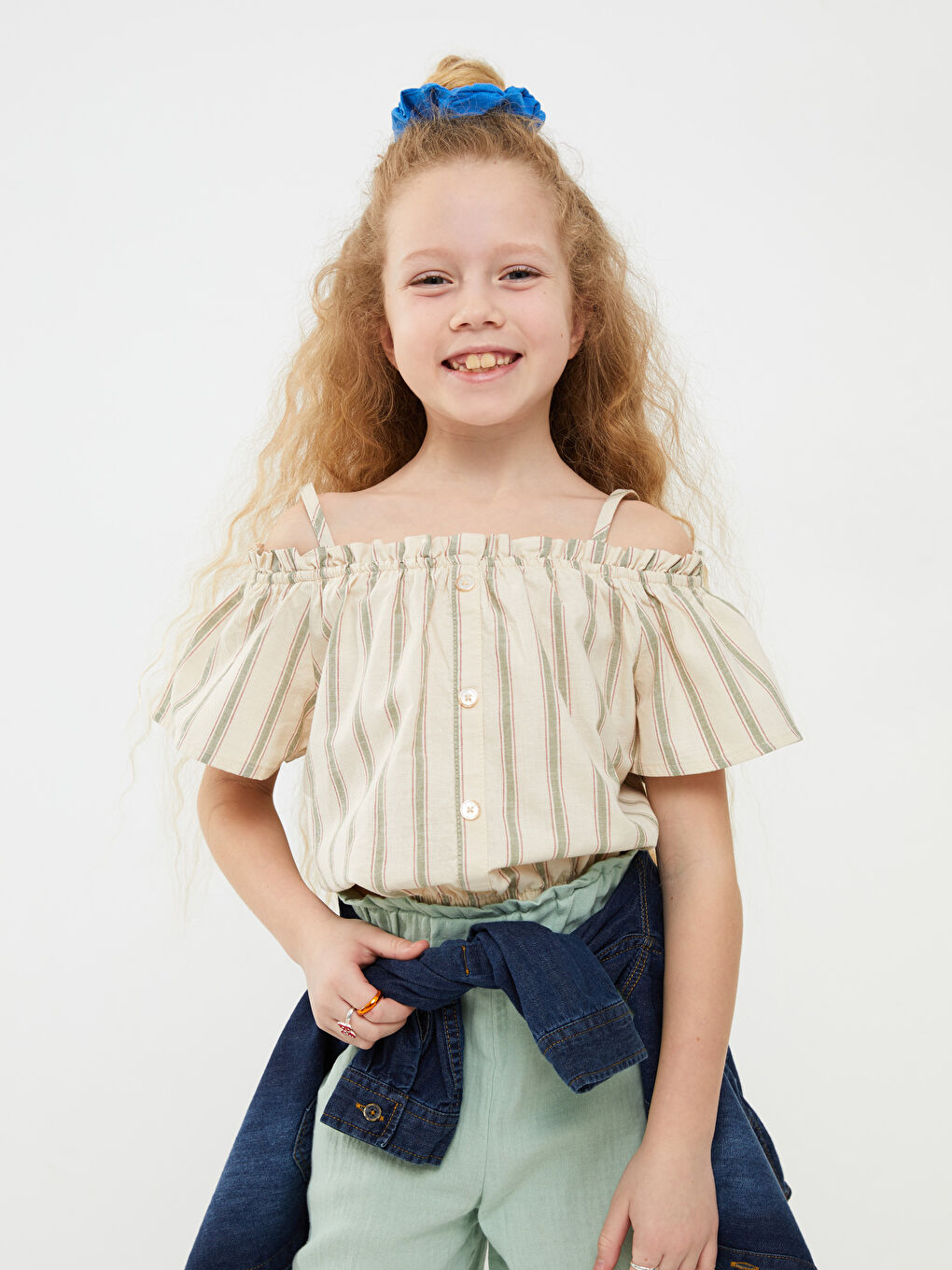 Boat Neck Striped Short Sleeve Cotton Girls' Blouse-1