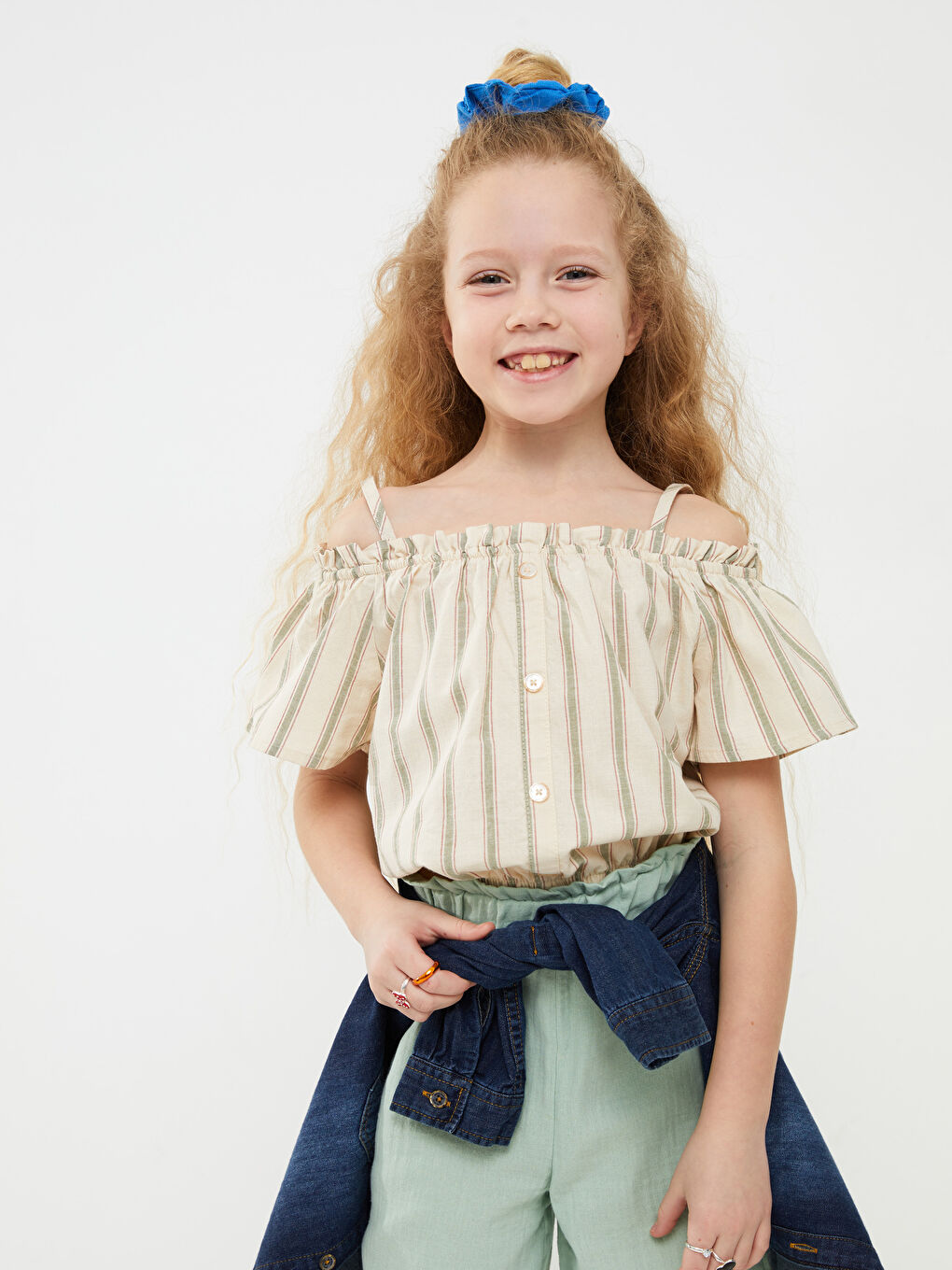 Boat Neck Striped Short Sleeve Cotton Girls' Blouse-2