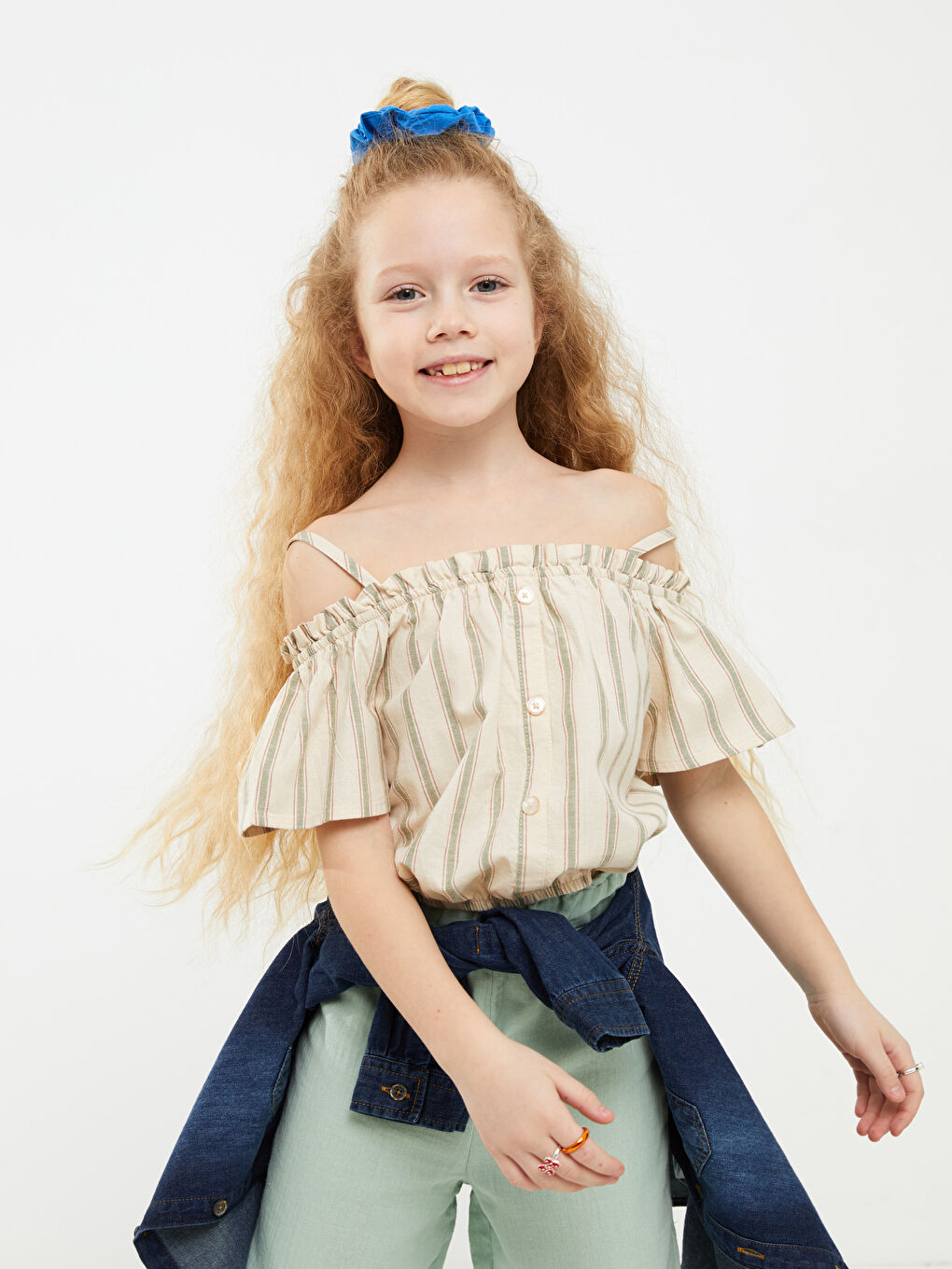 Boat Neck Striped Short Sleeve Cotton Girls' Blouse-3