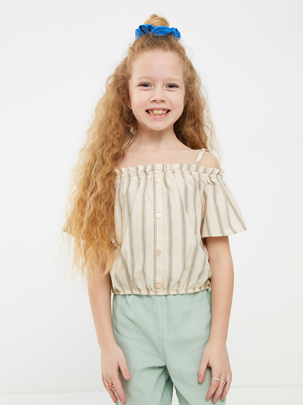 Boat Neck Striped Short Sleeve Cotton Girls' Blouse-4