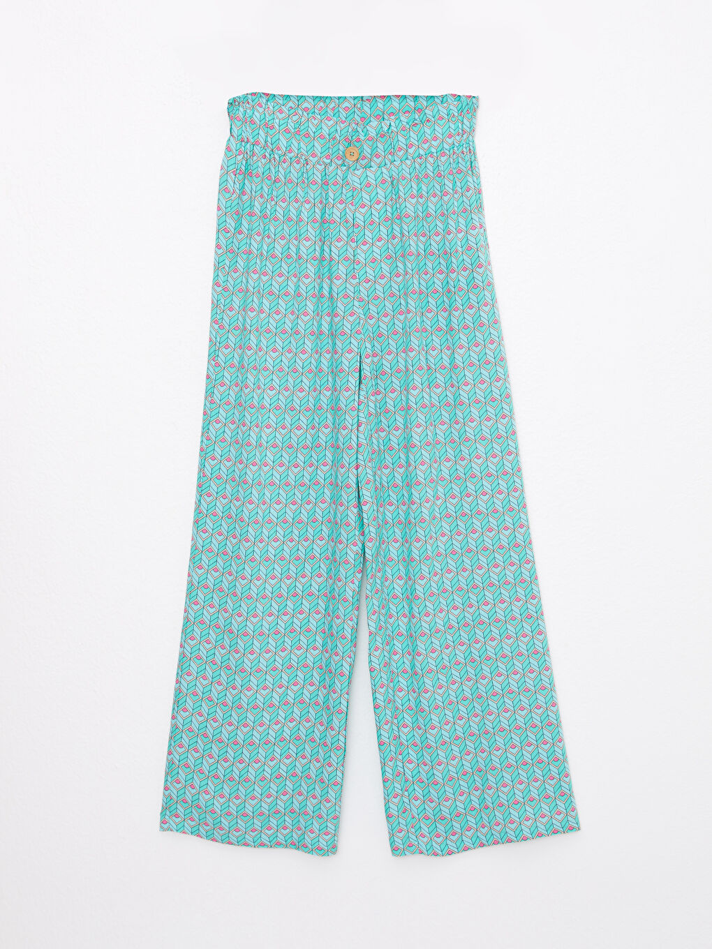 Yeşil Beli Lastikli Desenli Geniş Paça Viskon Kız Çocuk Pantolon