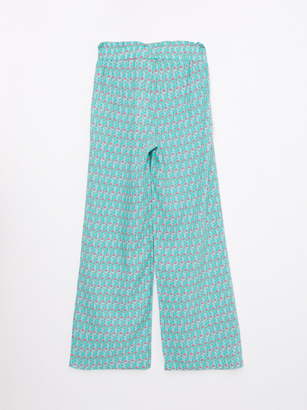 Yeşil Beli Lastikli Desenli Geniş Paça Viskon Kız Çocuk Pantolon-1