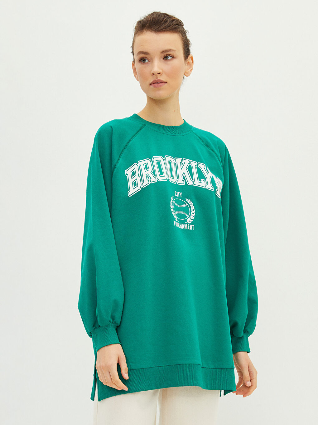 Yeşil Bisiklet Yaka Baskılı Uzun Kollu Oversize Kadın Sweatshirt Tunik