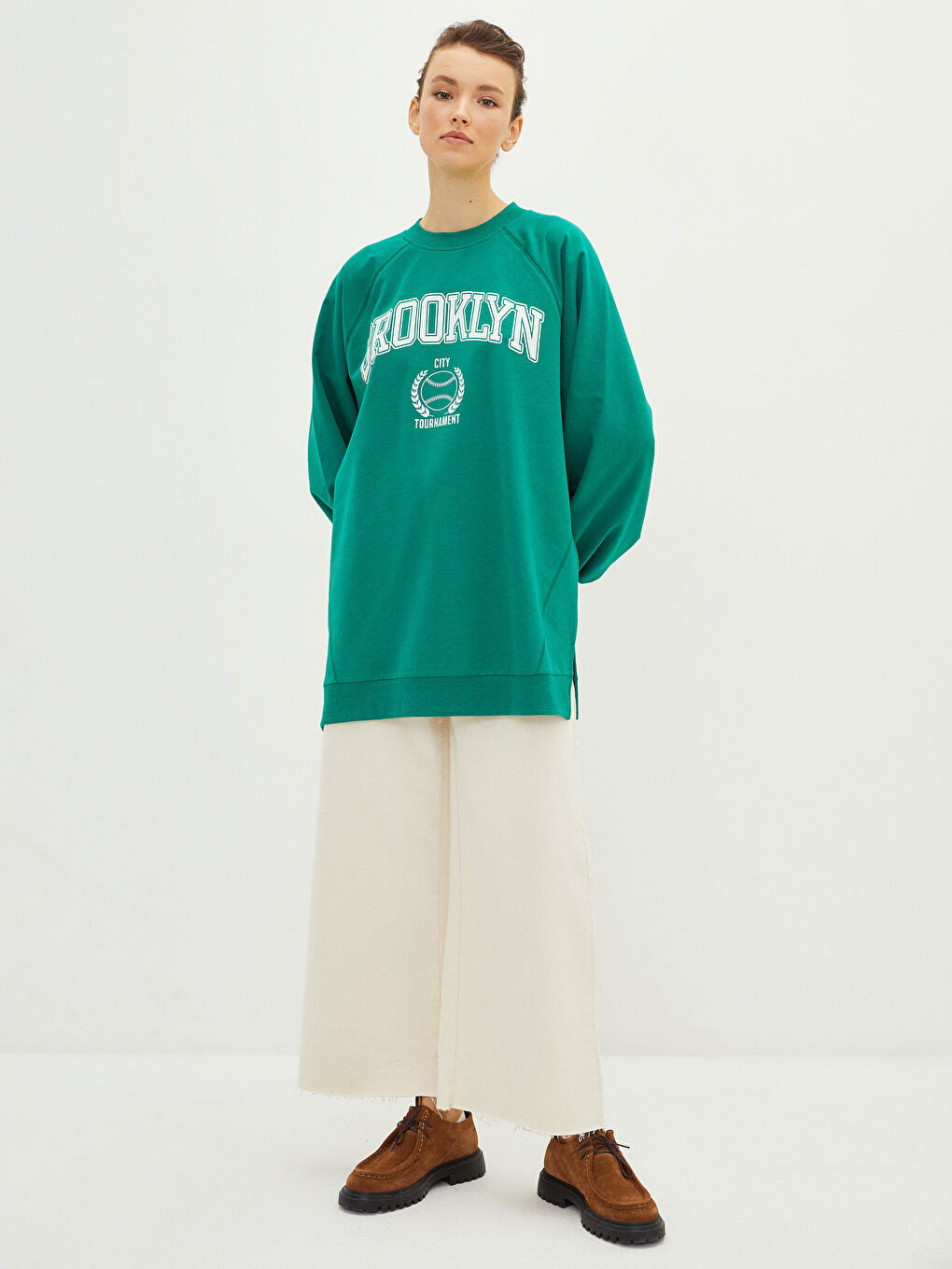 Yeşil Bisiklet Yaka Baskılı Uzun Kollu Oversize Kadın Sweatshirt Tunik-2