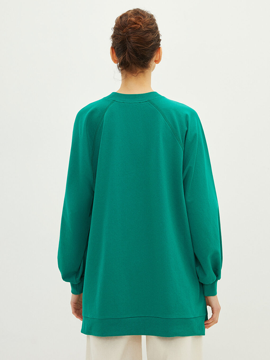 Yeşil Bisiklet Yaka Baskılı Uzun Kollu Oversize Kadın Sweatshirt Tunik-4