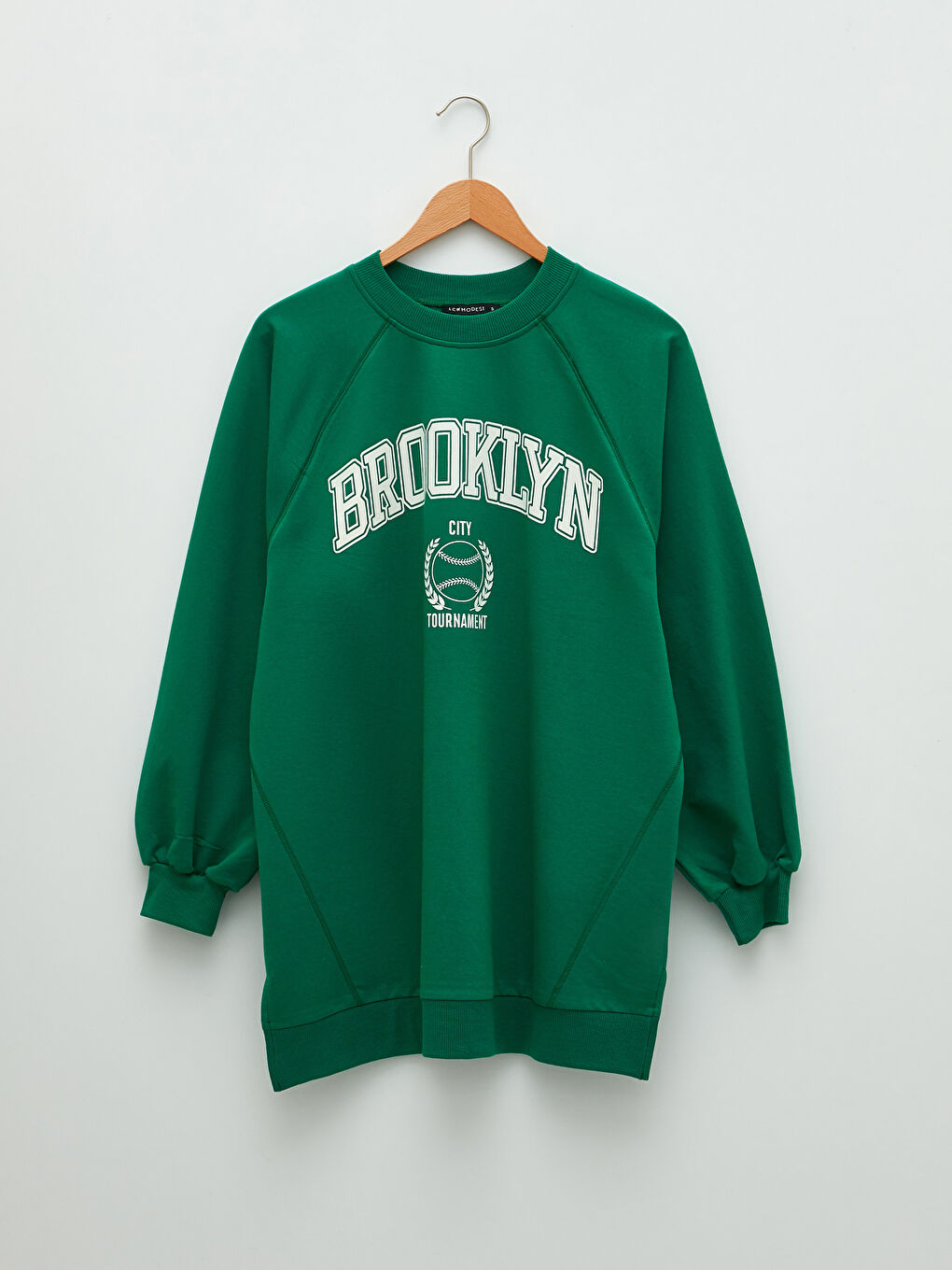 Yeşil Bisiklet Yaka Baskılı Uzun Kollu Oversize Kadın Sweatshirt Tunik-5